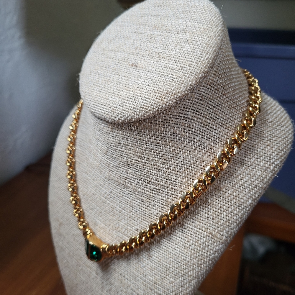 Necklace Vintage Zales Green Swarovski Full Lead Crystal Goldtone Chunky Chain